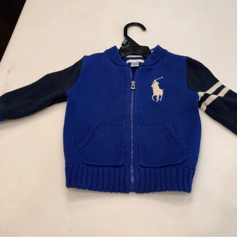 Ralph Lauren boys Big Pony royal blue & navy Full Zip Sweater cotton size 12mos